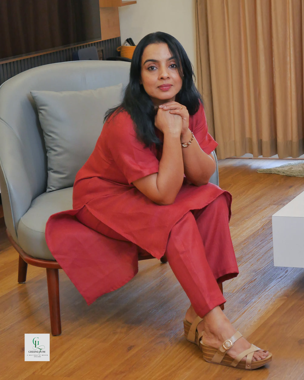 Cotton Wine Red Co-Ord Set with Up & Down Pattern