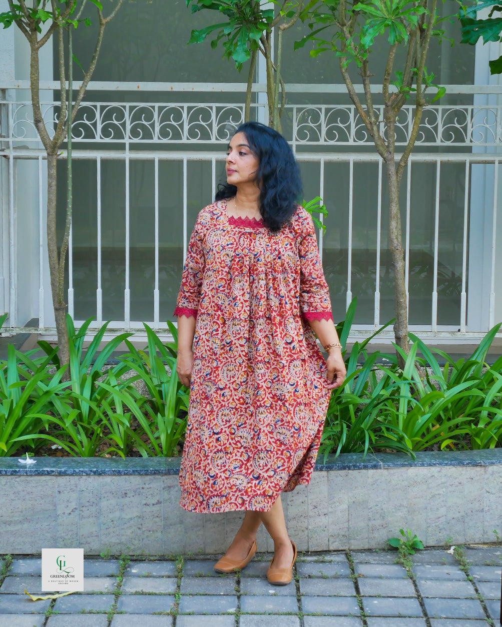 Kalamkari A-Line Frock Kurti with Lace Detailing