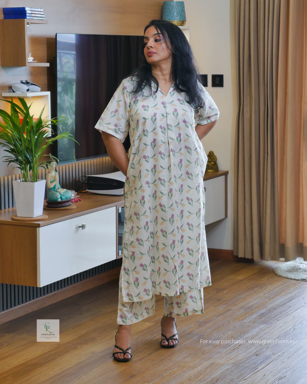 Women’s Jaipur Cotton Cord Set – White Base with Pink & Green Floral Print | Size M(40)