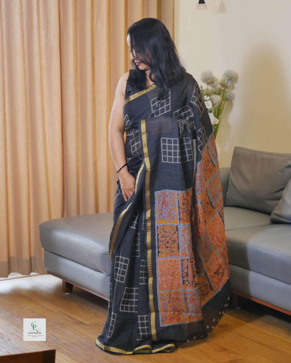 Semi Organza Panel Crush Black Saree with Blouse
