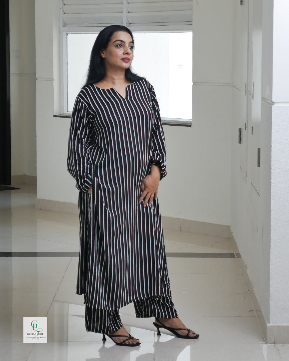 Black & White Striped Rayon Co-Ord Set