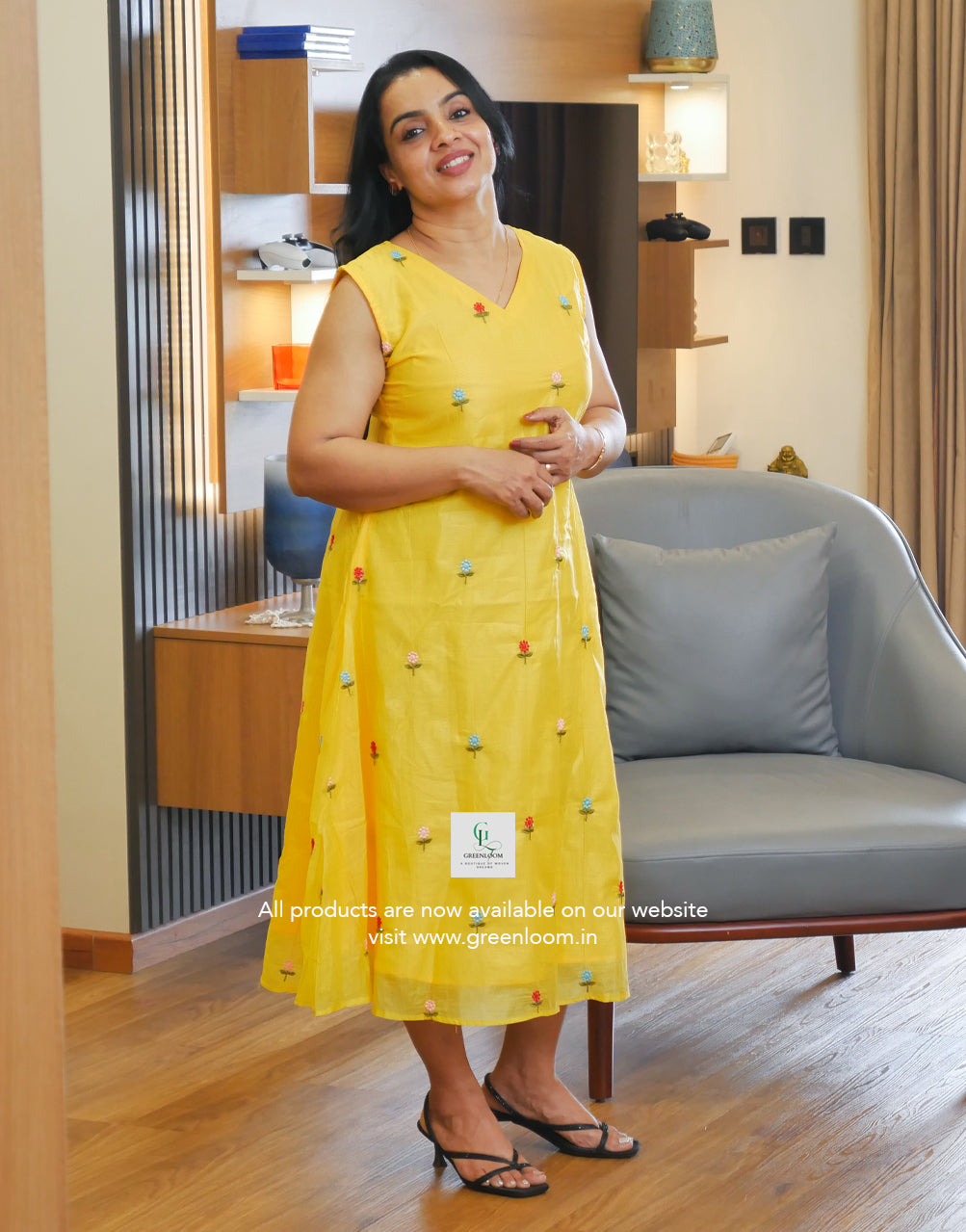 Chanderi Fabric A-Line Frock with Floral Thread Work | Sleeveless V-Neck | 46 Inch Length
