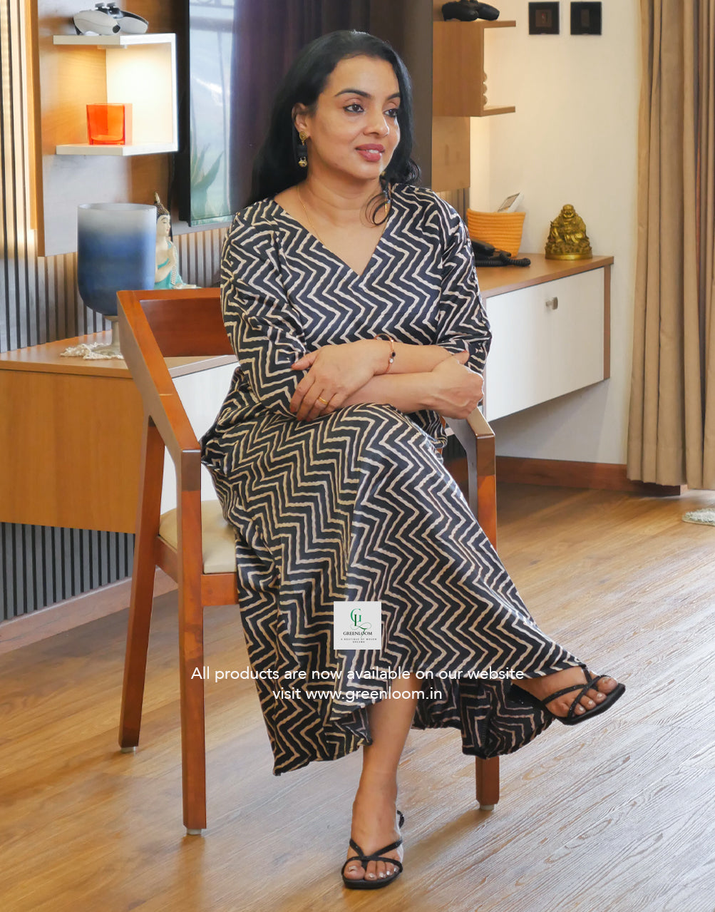 Modal Silk A-Line Frock with V-Neck & Side Pocket