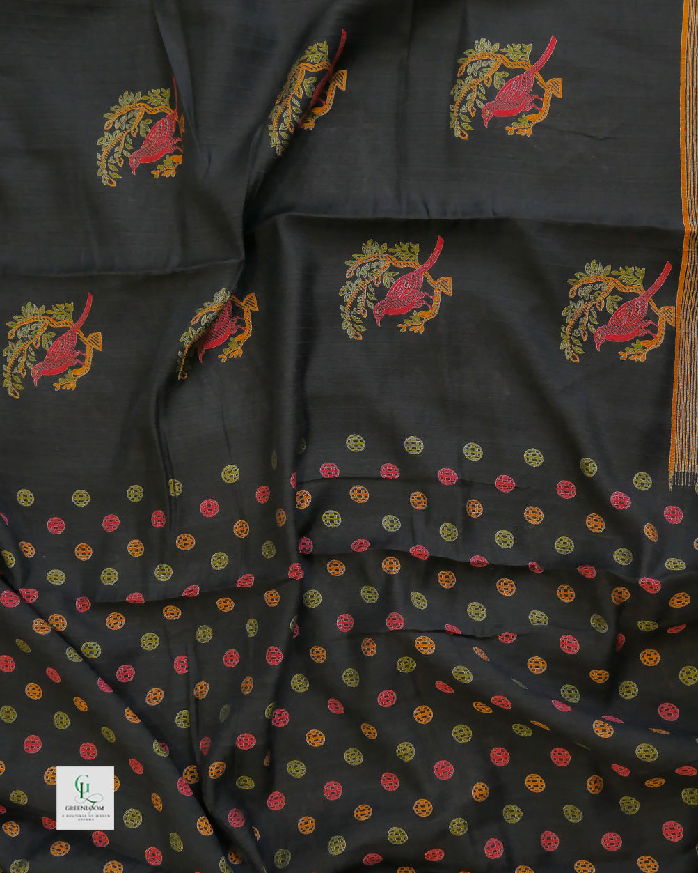 Cotton Silk Crush Pattern Saree with Bird & Leaf Print | With Matching Blouse