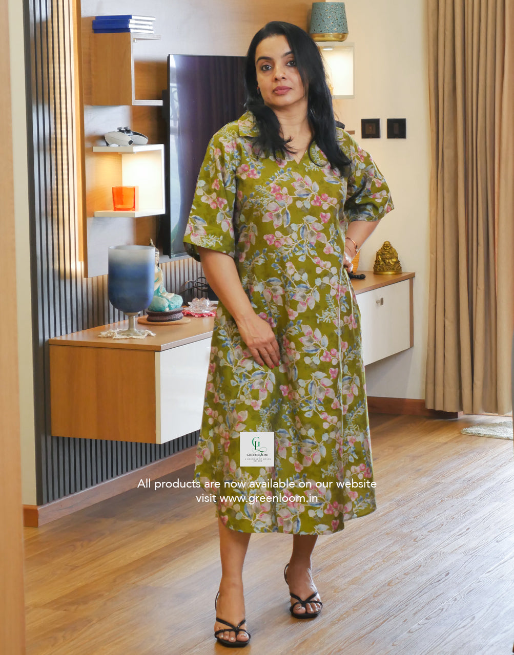 Muslin Silk A-Line Frock | Wide V-Neck Collar Pattern | 48 Inch Length | Two Side Pockets
