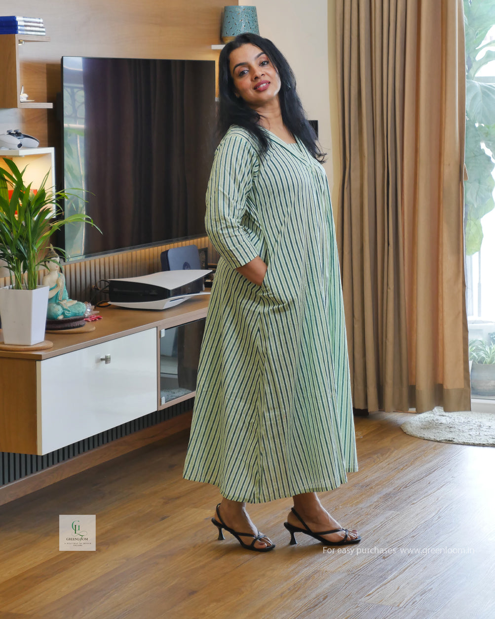 Greenloom Jaipur Cotton Dress | Green & White Stripes | V-Neck with Pleated Pattern | 46" Length