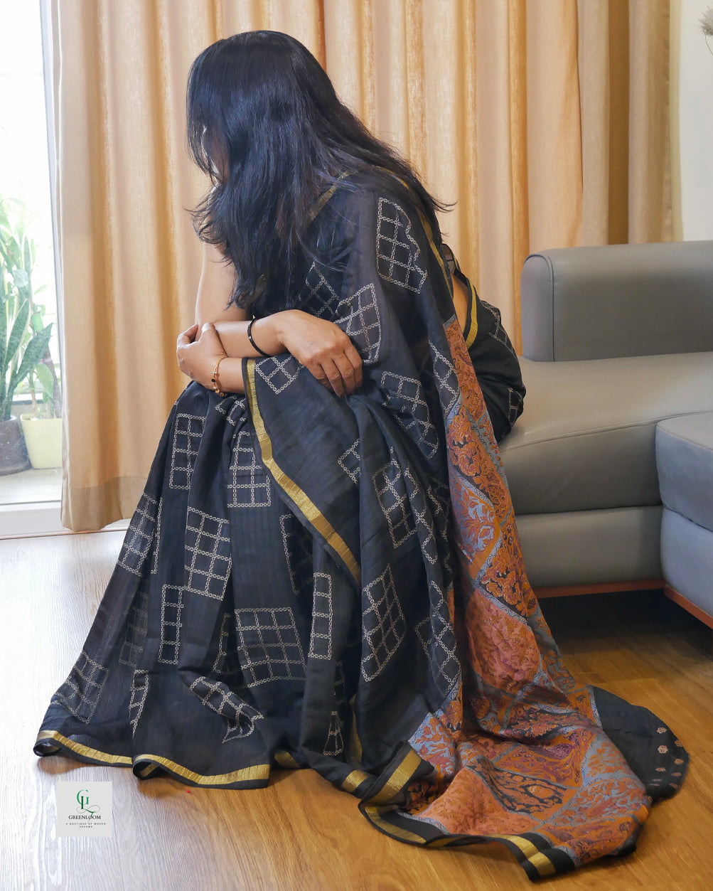 Semi Organza Panel Crush Black Saree with Blouse