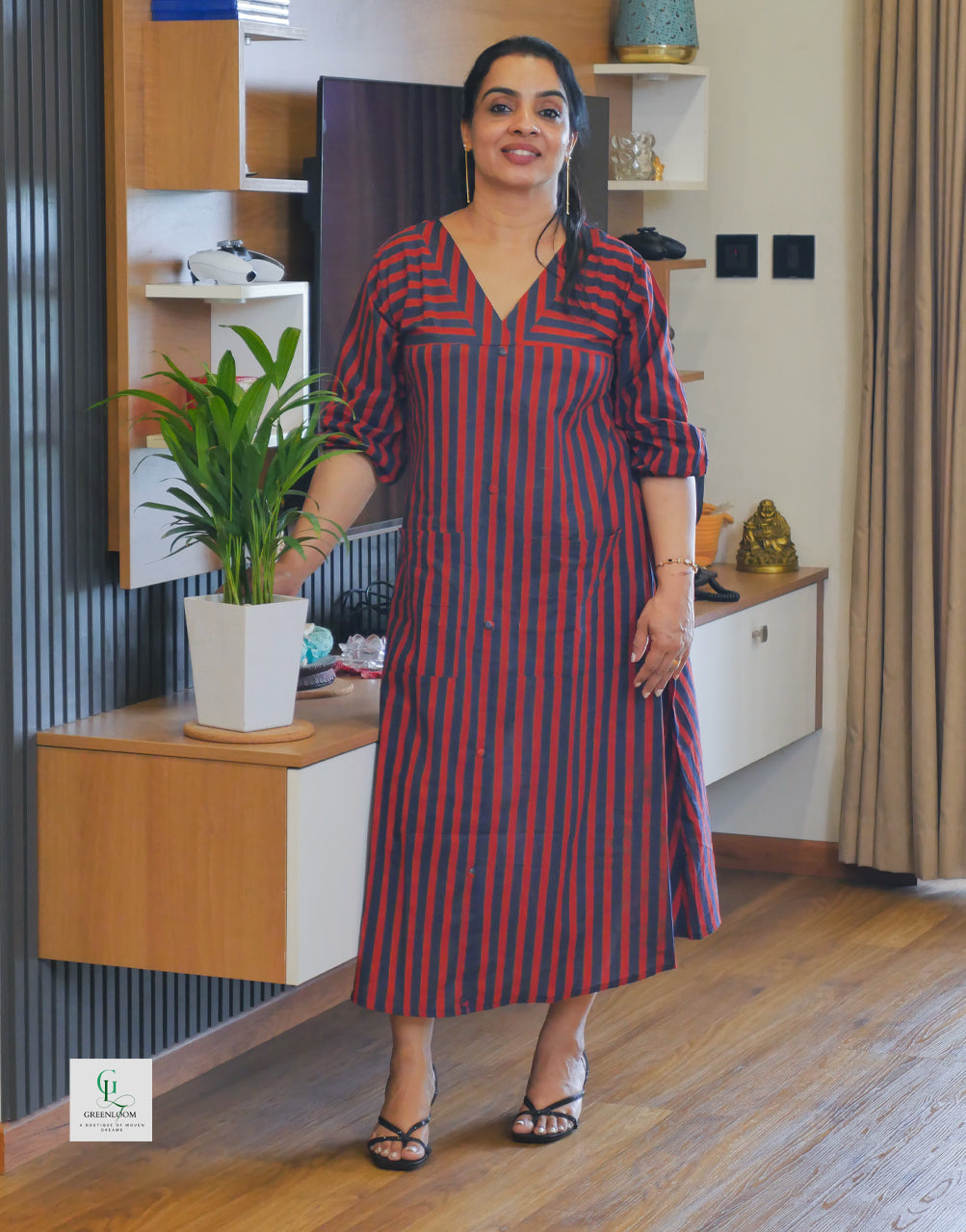 Cotton Summer Line Pattern Frock Kurti with Double Front Pockets & V-Neck (47” Length)