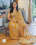 Elegant Crepe Saree with Brasso Floral Design