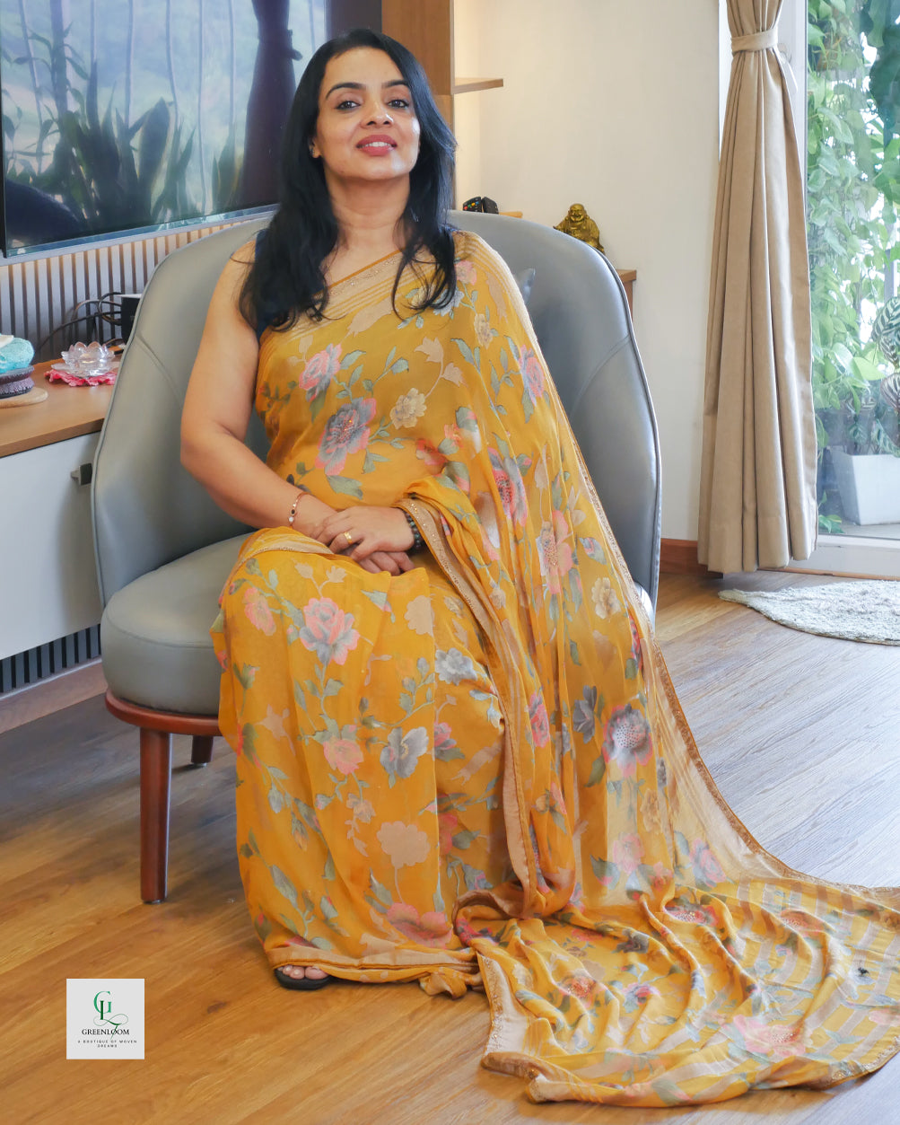 Elegant Crepe Saree with Brasso Floral Design