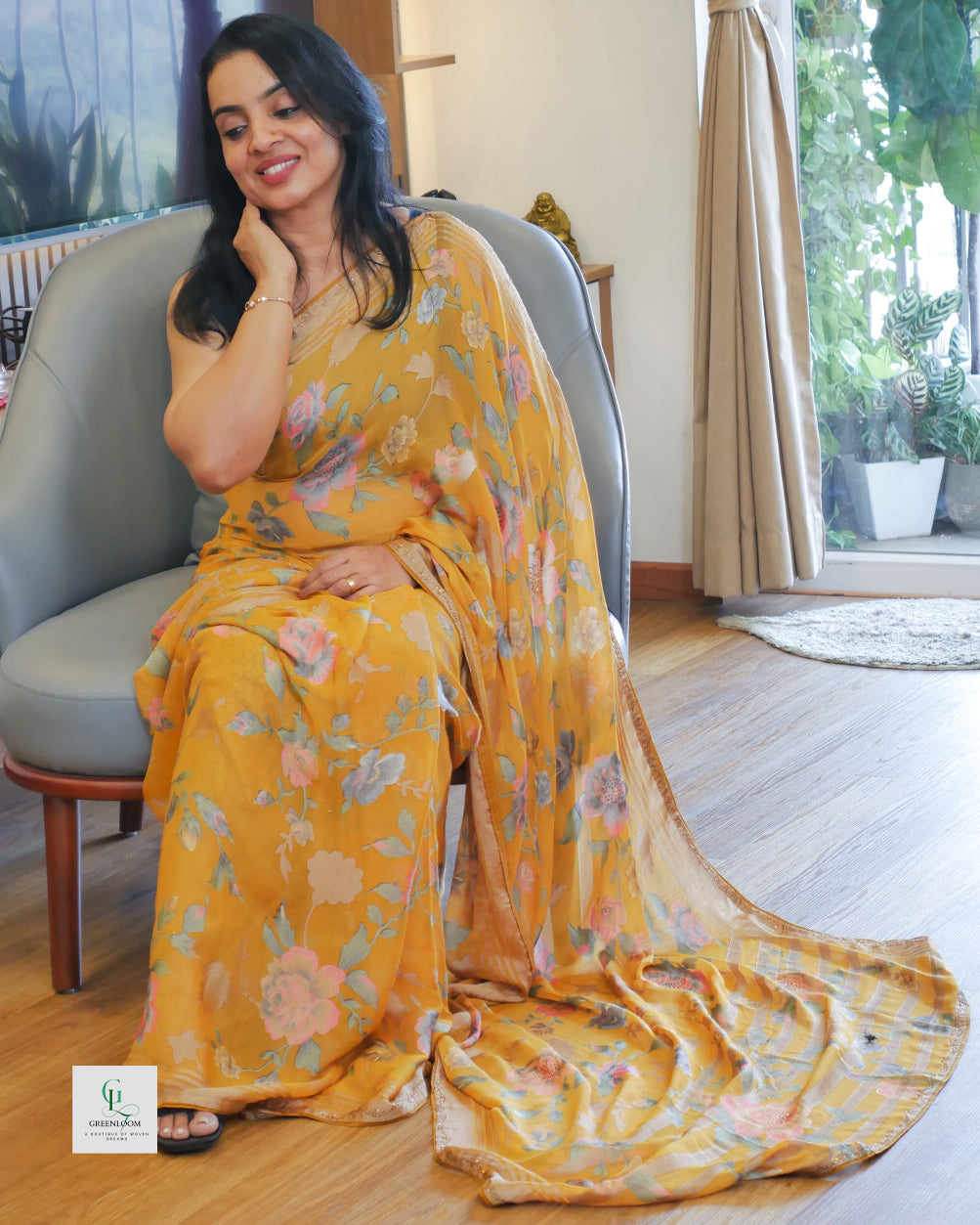 Elegant Crepe Saree with Brasso Floral Design