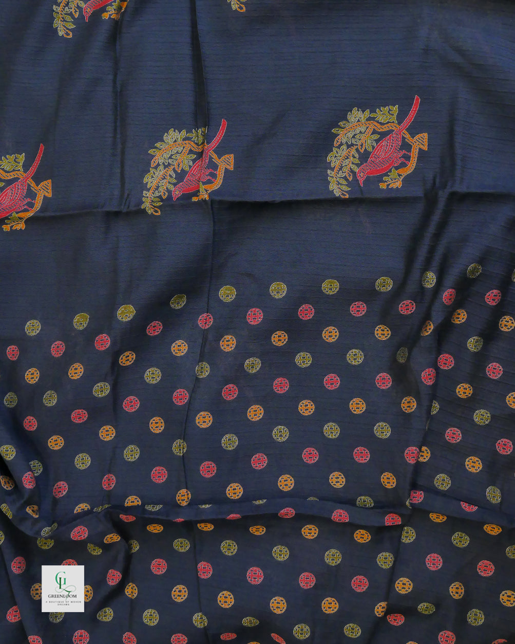 Cotton Silk Crush Pattern Saree with Bird & Leaf Print | With Matching Blouse