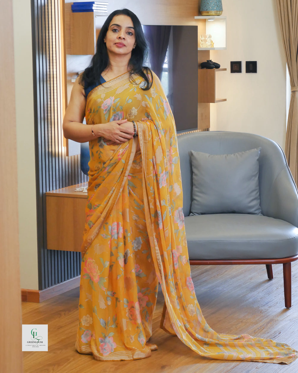 Elegant Crepe Saree with Brasso Floral Design