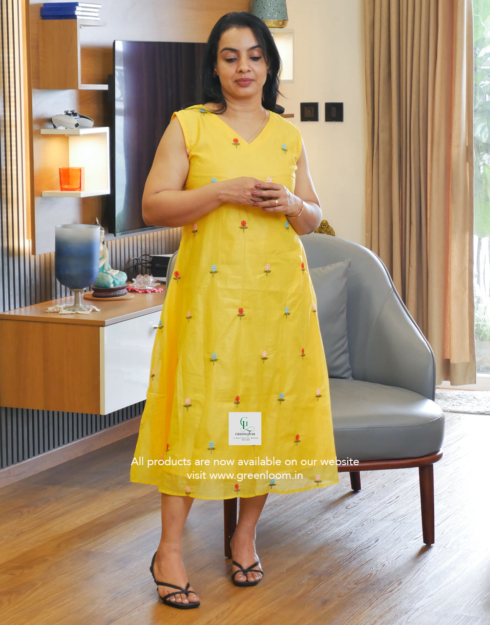 Chanderi Fabric A-Line Frock with Floral Thread Work | Sleeveless V-Neck | 46 Inch Length