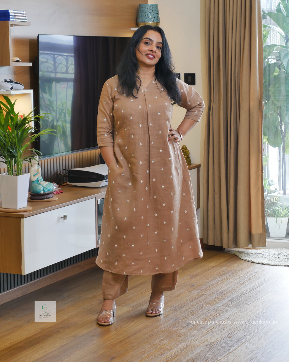 Greenloom Premium Cotton Linen Co-ord Set | A-Line Fit | V-Neck with Box Pleat | Top 46” & Bottom 37”