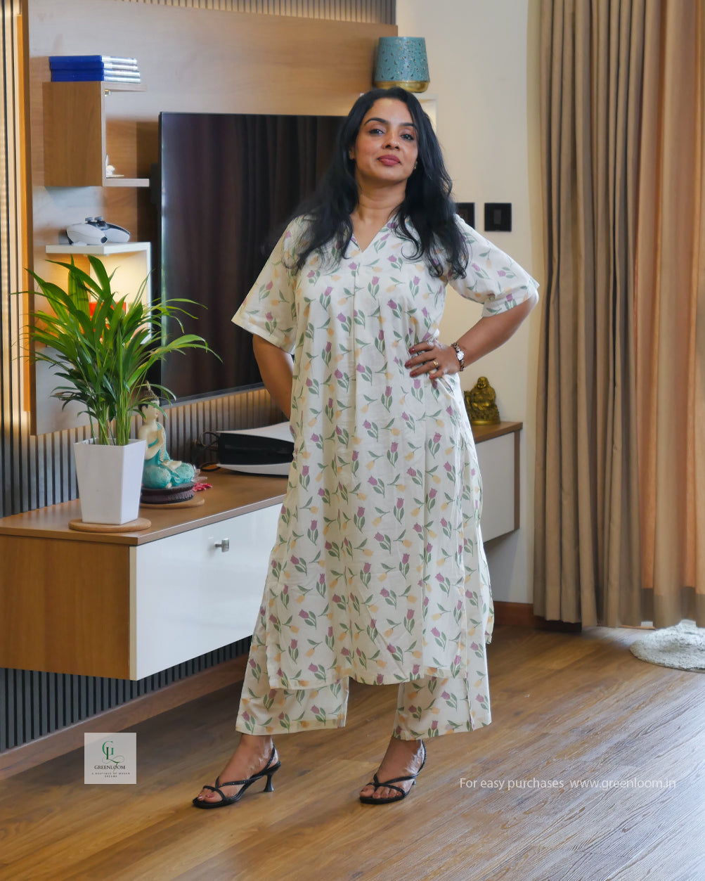 Women’s Jaipur Cotton Cord Set – White Base with Pink & Green Floral Print | Size M(40)