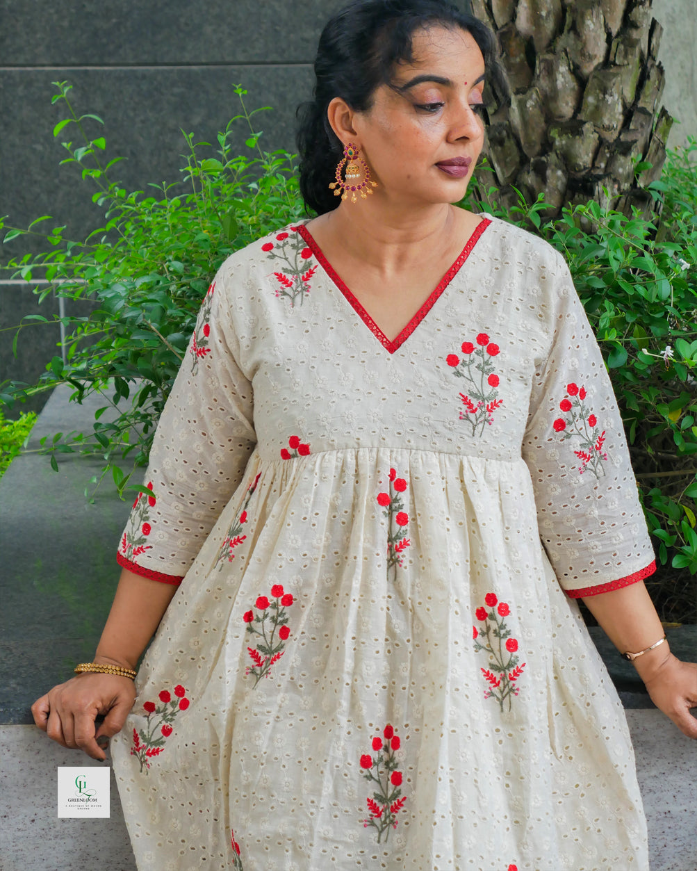 Cotton Hakoba A-Line Top with Floral Thread Embroidery