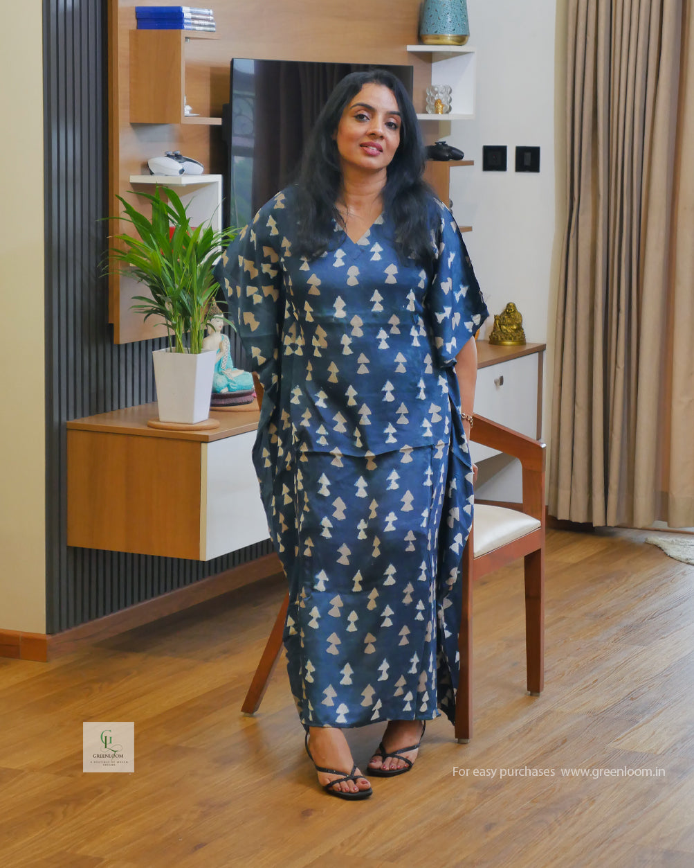 Women’s Blue & White Modal Silk Kaftan Dress – 48” Long