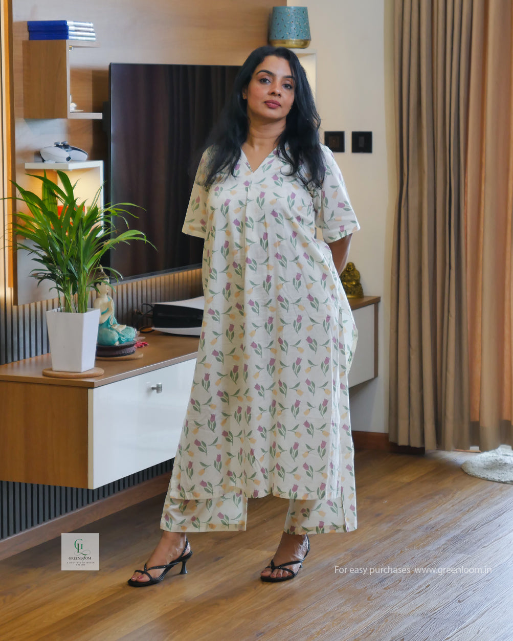 Women’s Jaipur Cotton Cord Set – White Base with Pink & Green Floral Print | Size M(40)