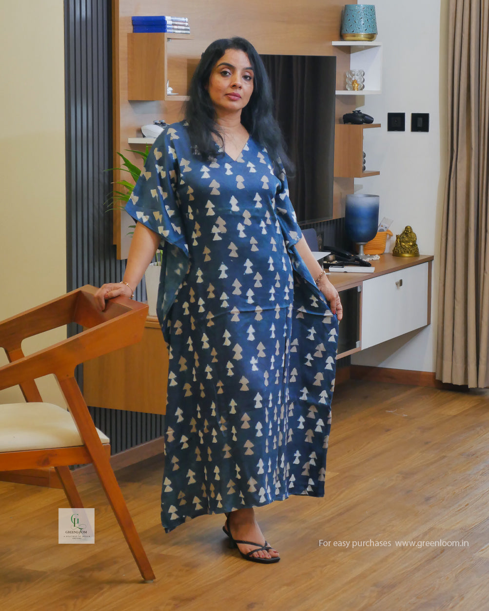 Women’s Blue & White Modal Silk Kaftan Dress – 48” Long