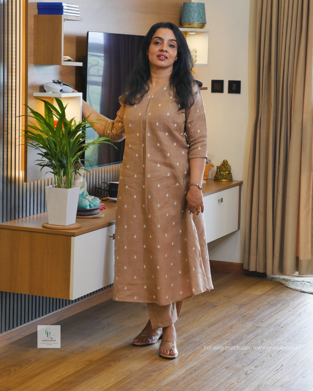 Greenloom Premium Cotton Linen Co-ord Set | A-Line Fit | V-Neck with Box Pleat | Top 46” & Bottom 37”