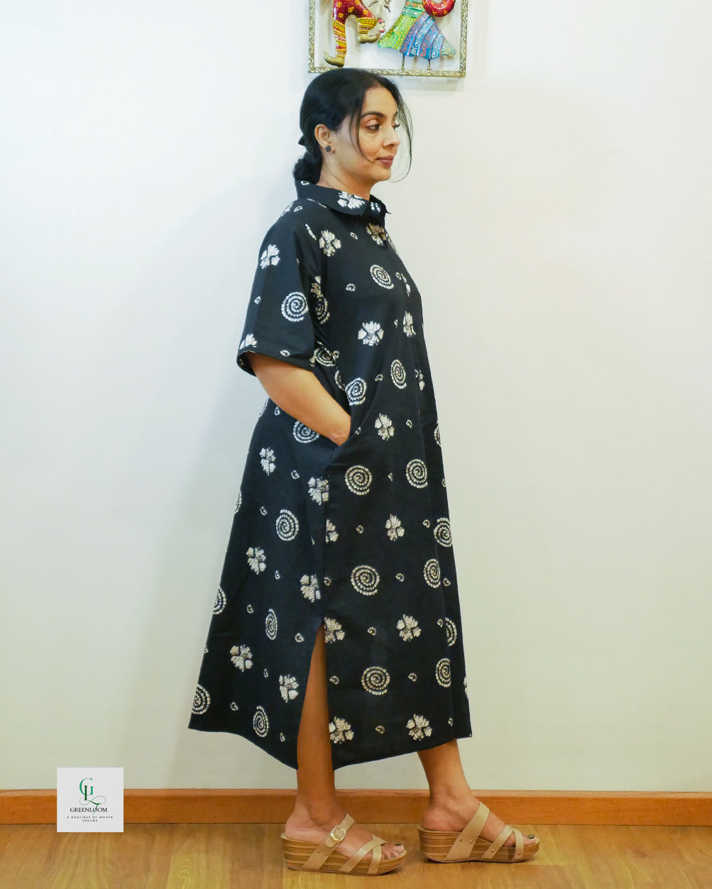 Cotton Long A-Line Collar Pattern Dress with Side Pockets