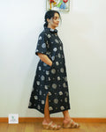 Cotton Long A-Line Collar Pattern Dress with Side Pockets