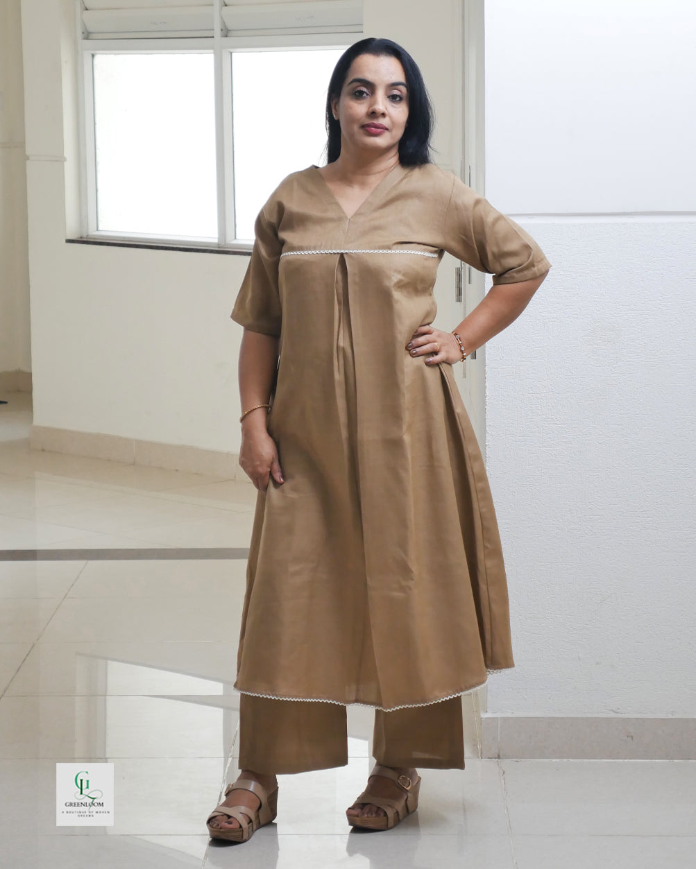 Cotton Co-ord Set with V-Neck Box Pleat & Lace Detailing | Women’s Ethnic Wear