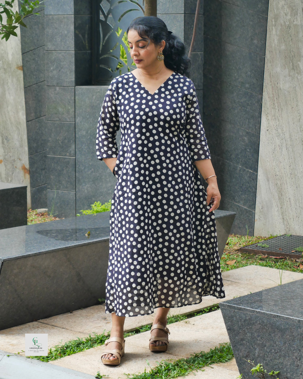 Pure Cotton Navy Blue Polka Dot A-Line Dress with 3/4 Sleeves