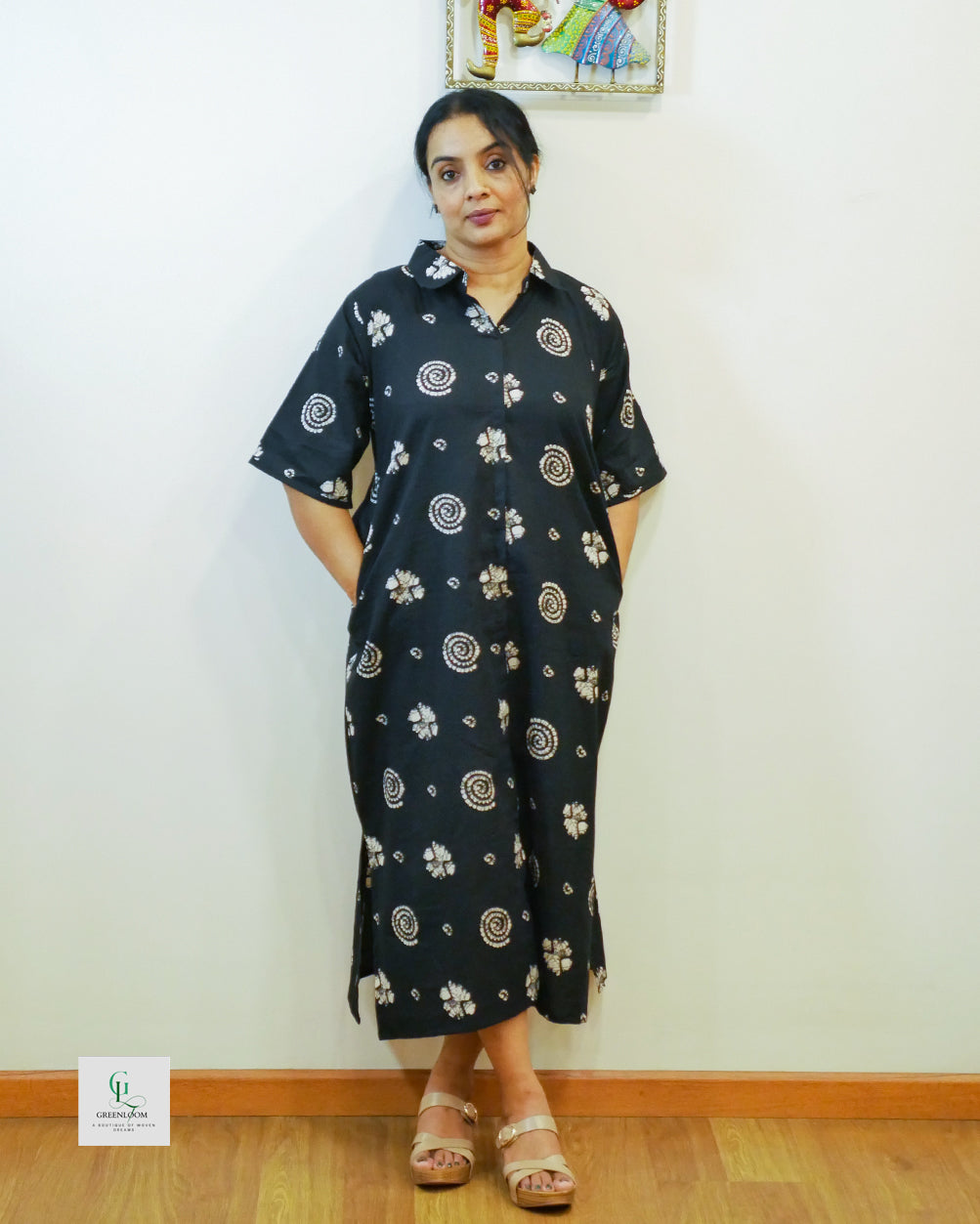 Cotton Long A-Line Collar Pattern Dress with Side Pockets