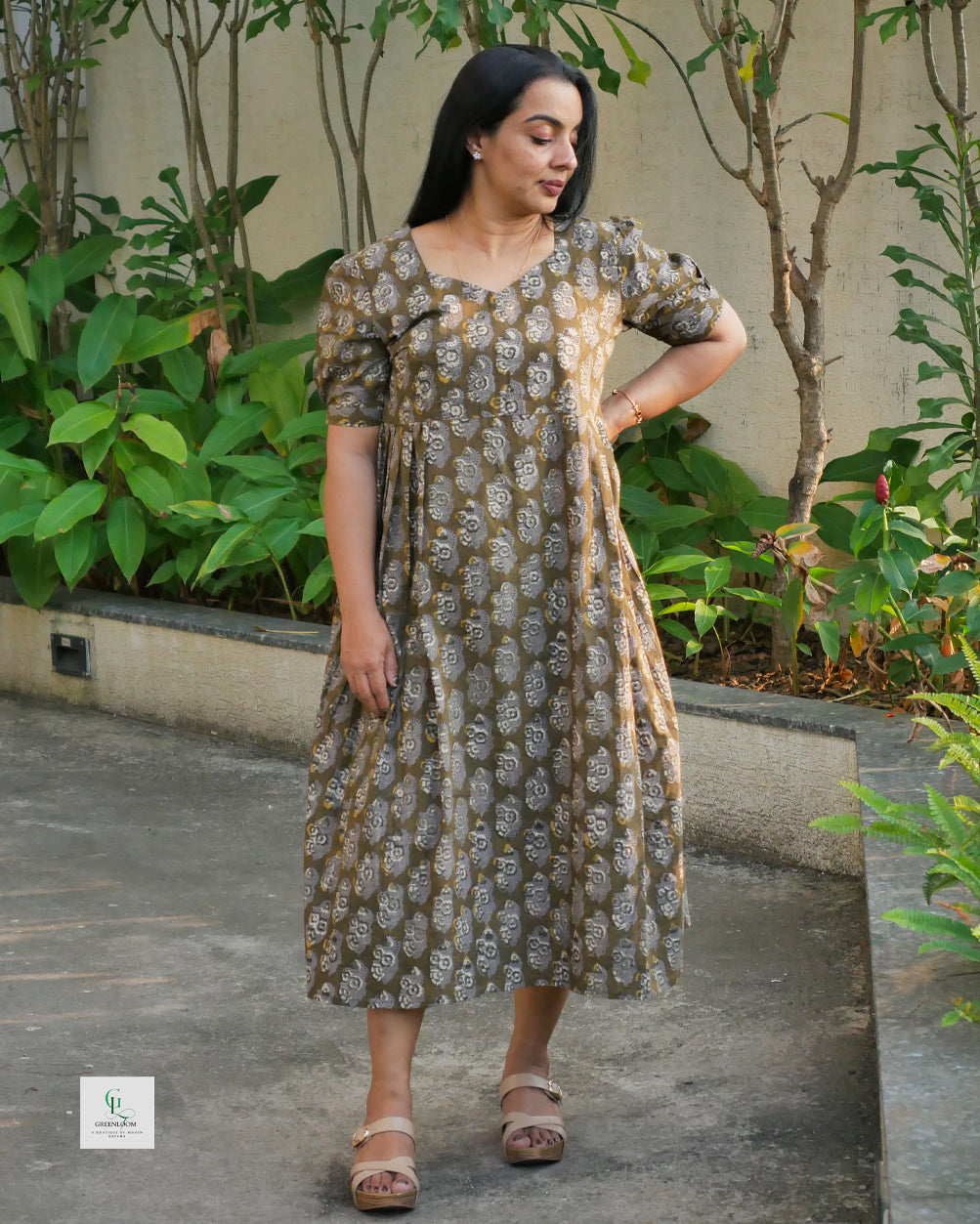 Women’s Cotton Frock with Diamond Neck & Puff Sleeves