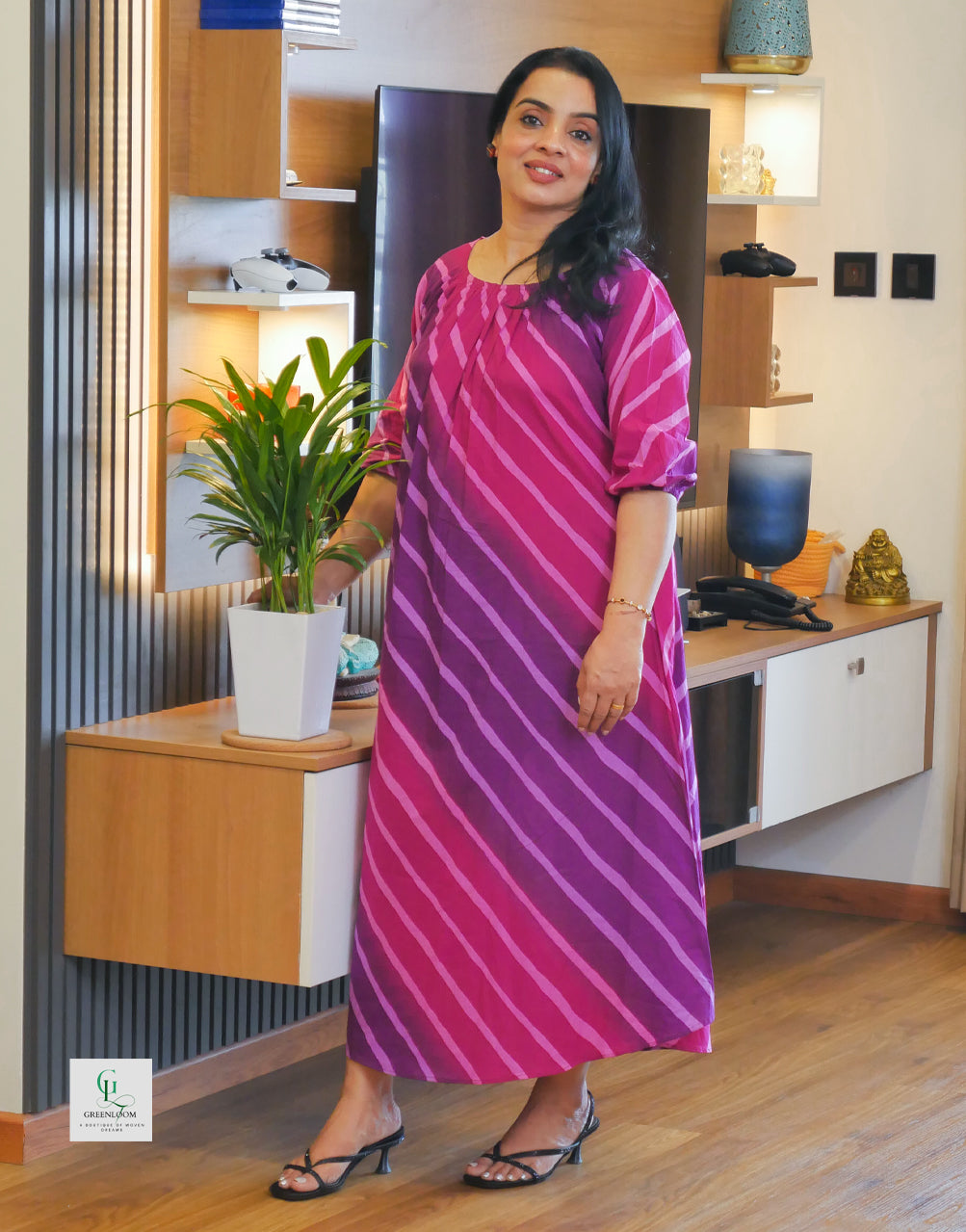 Multishade Cotton A-Line Frock Kurti with Vertical Line Pattern & Side Pocket (48” Length)