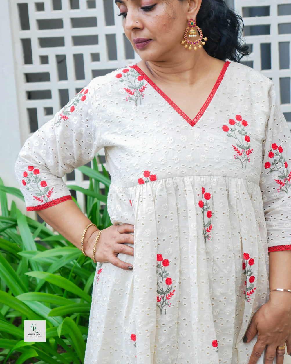 Cotton Hakoba A-Line Top with Floral Thread Embroidery