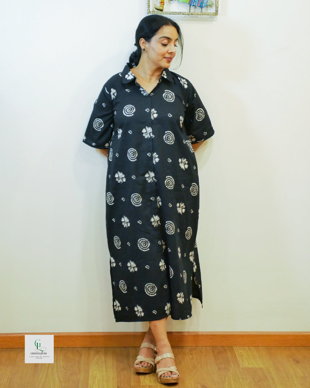Cotton Long A-Line Collar Pattern Dress with Side Pockets
