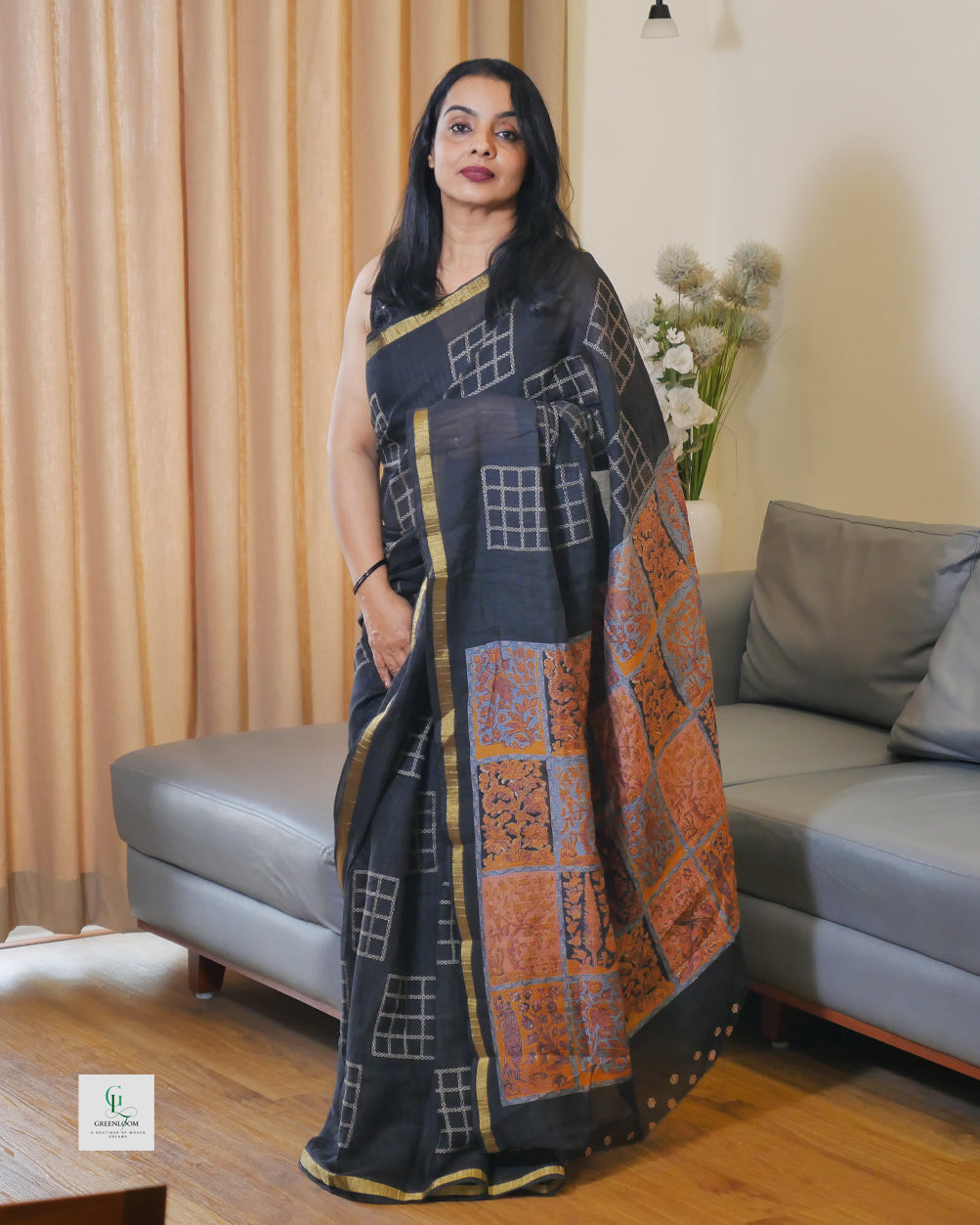 Semi Organza Panel Crush Black Saree with Blouse