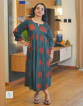 Cotton Summer A-Line Frock Kurti with Round Neck Pattern, Gathered Detailing & Box Pleat Back (49” Length)