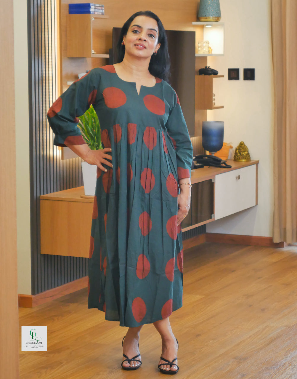 Cotton Summer A-Line Frock Kurti with Round Neck Pattern, Gathered Detailing & Box Pleat Back (49” Length)