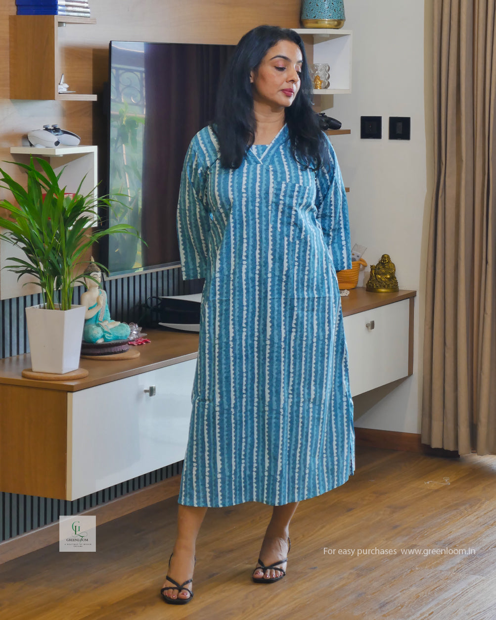 Greenloom Jaipur Cotton Dress | blue
& White Stripes | V-Neck with Pleated Pattern | 46" Length