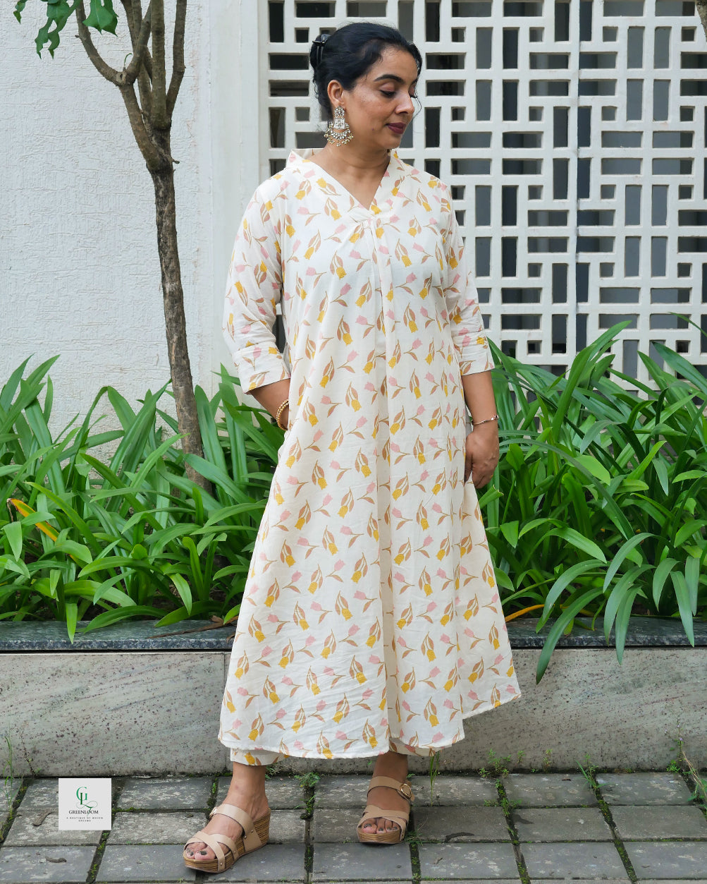 Women’s Cotton A-Line Co-Ord Set with V-Neck Collar