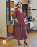 Cotton Summer Line Pattern Frock Kurti with Double Front Pockets & V-Neck (47” Length)