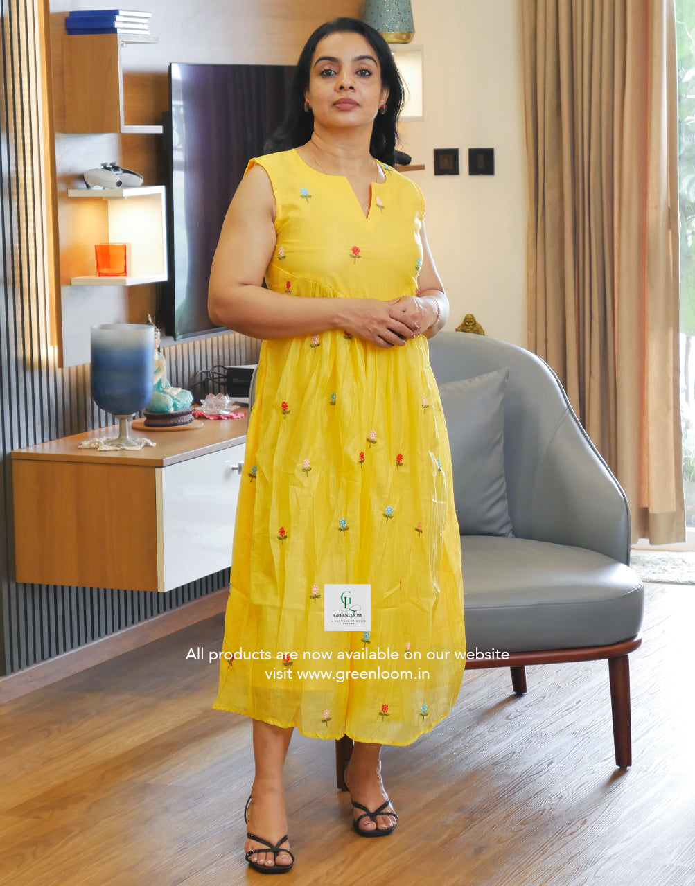 Chanderi Fabric A-Line Frock with Floral Thread Work | Sleeveless V-Neck | 46 Inch Length