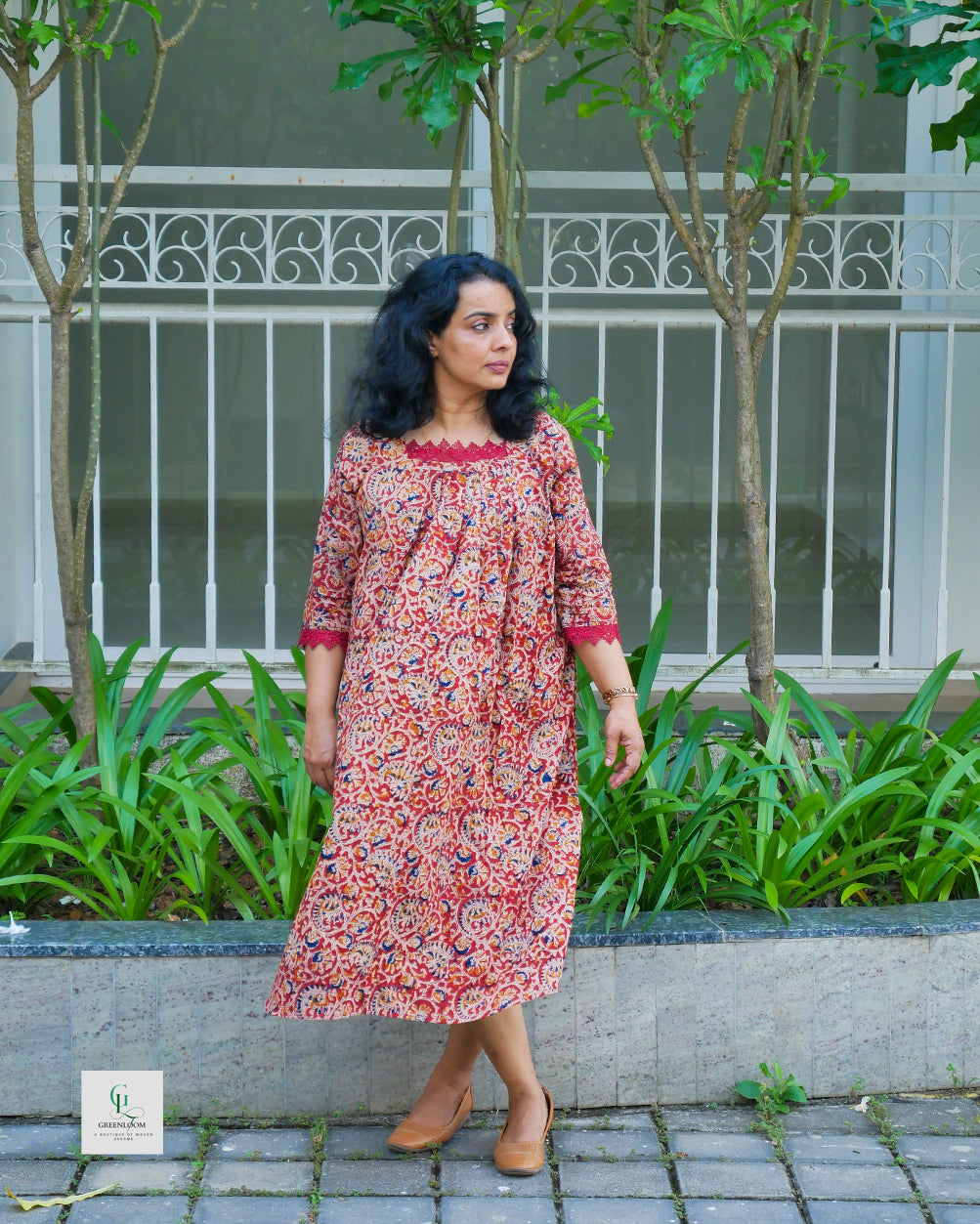 Kalamkari A-Line Frock Kurti with Lace Detailing
