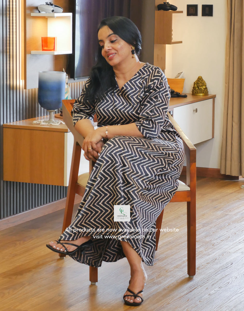 Modal Silk A-Line Frock with V-Neck & Side Pocket