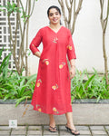 Semi Linen Floral Print Kurta with Box Pleat & V-Neck
