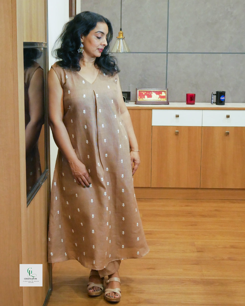 A-Line Semi Linen Printed Co-Ord Set with Box Pleat V-Neck