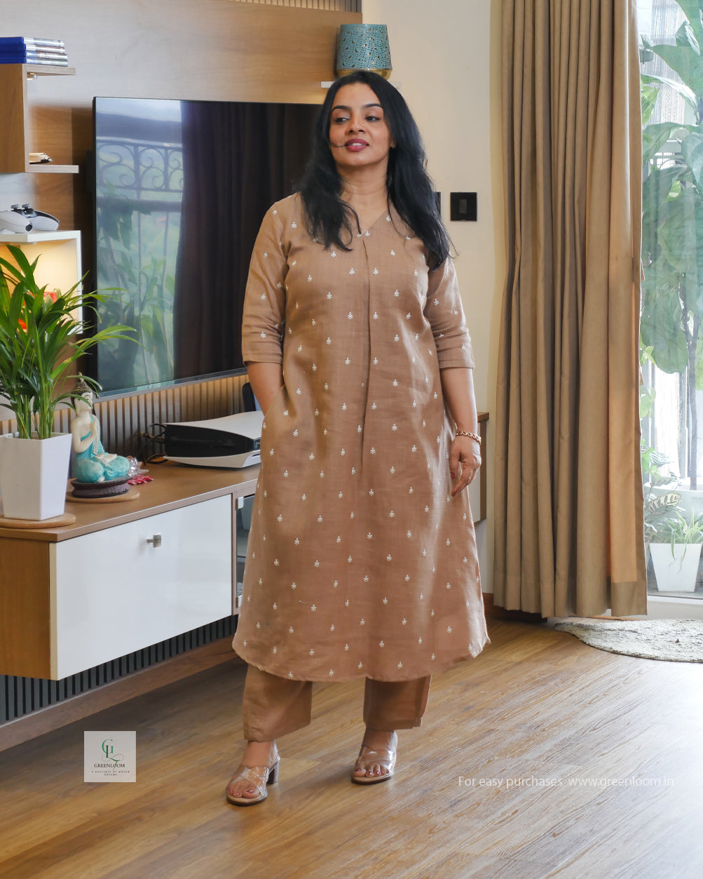 Greenloom Premium Cotton Linen Co-ord Set | A-Line Fit | V-Neck with Box Pleat | Top 46” & Bottom 37”