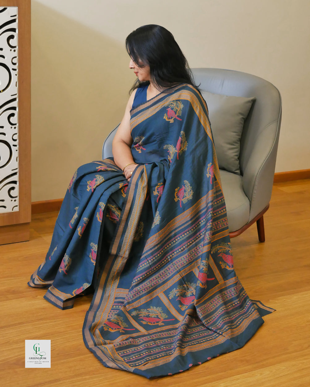 Cotton Silk Crush Pattern Saree with Bird & Leaf Print | With Matching Blouse
