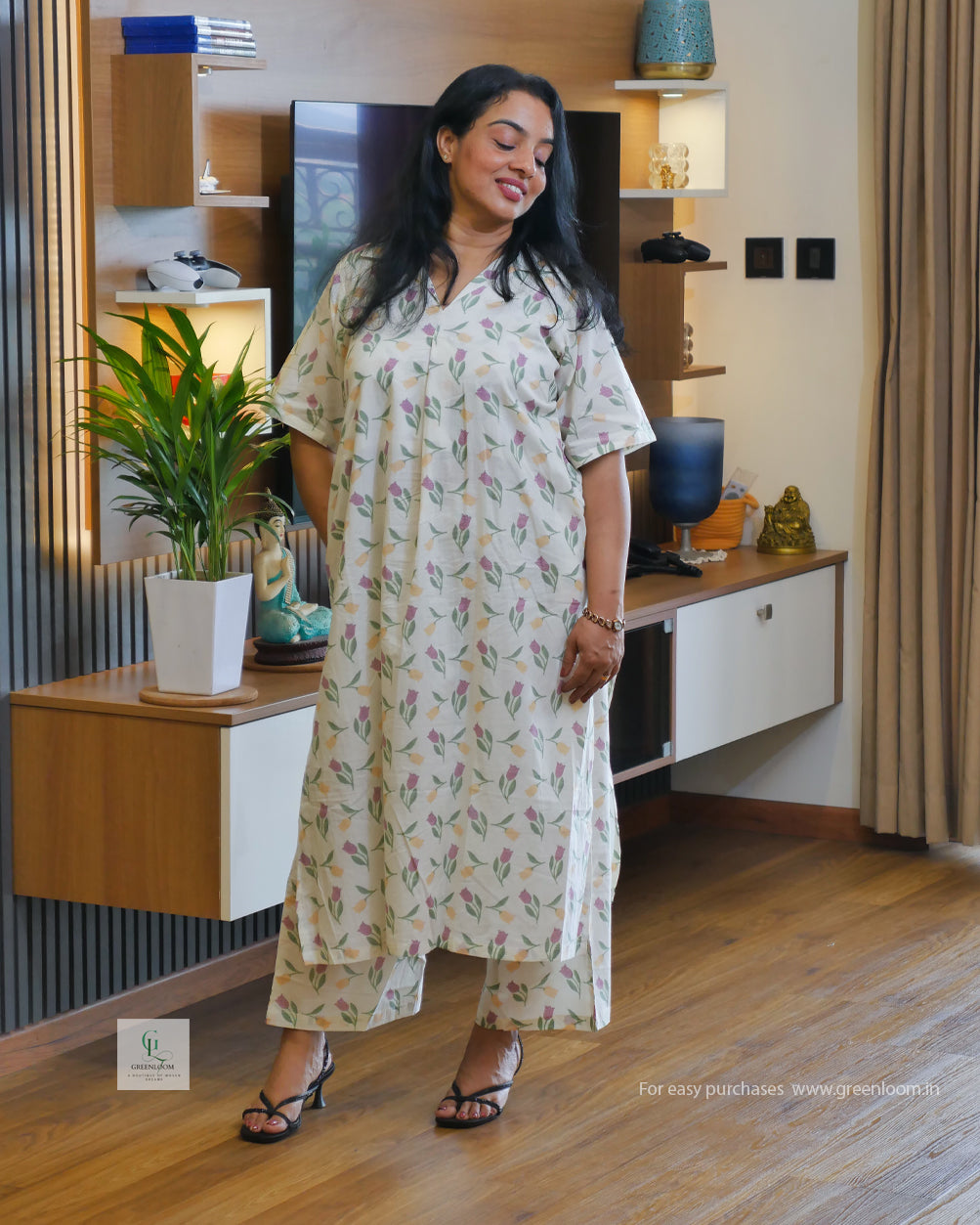 Women’s Jaipur Cotton Cord Set – White Base with Pink & Green Floral Print | Size M(40)