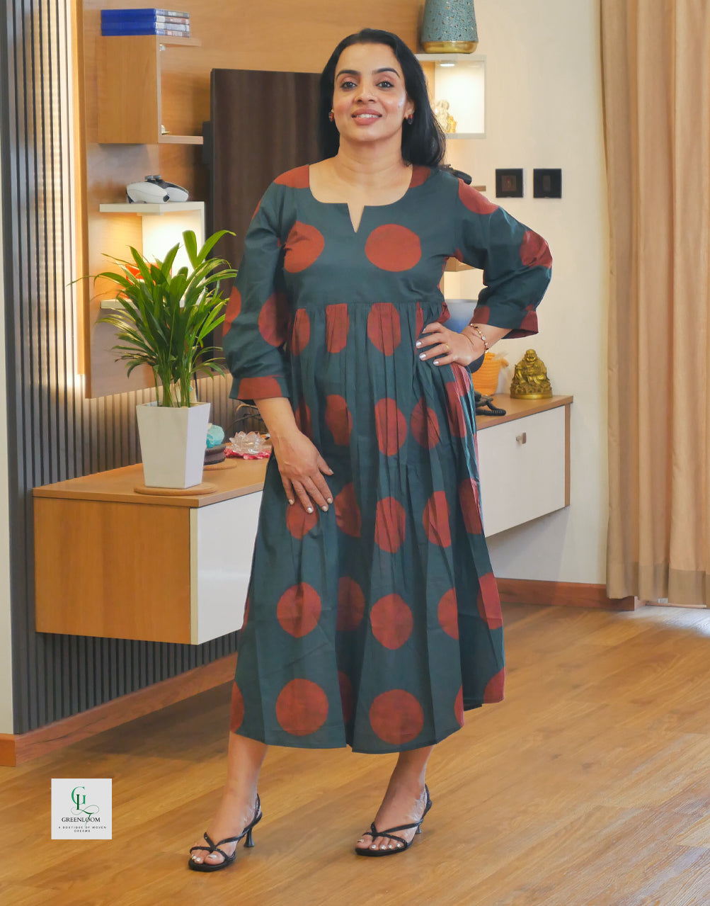Cotton Summer A-Line Frock Kurti with Round Neck Pattern, Gathered Detailing & Box Pleat Back (49” Length)