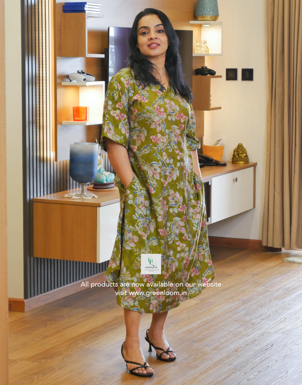 Muslin Silk A-Line Frock | Wide V-Neck Collar Pattern | 48 Inch Length | Two Side Pockets